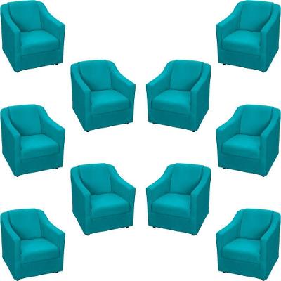 Kit 10 Poltronas Decorativa Mila Pé De Plástico Cromado - Azul-turquesa Suede