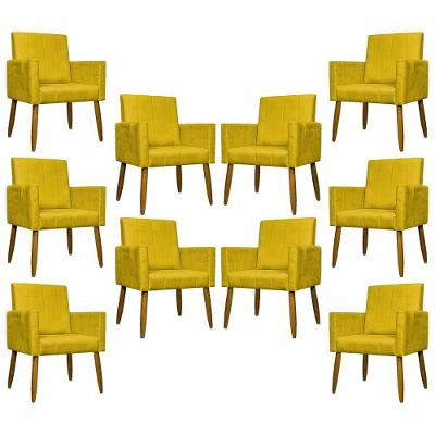 Kit 10 Poltronas Decorativas Mari Pé Palito Castanho - Amarelo Suede
