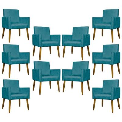 Kit 10 Poltronas Decorativas Mari Pé Palito Castanho - Azul-turquesa Suede