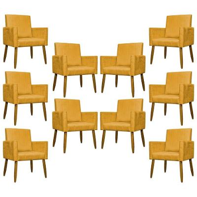 Kit 10 Poltronas Decorativas Mari Pé Palito Castanho - Mostarda Suede