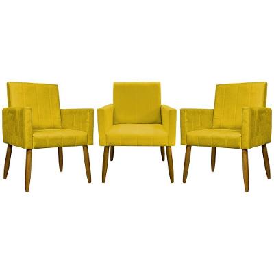 Kit 3 Poltronas Decorativas Confortáveis Mari - Amarelo Suede