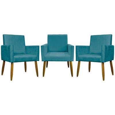 Kit 3 Poltronas Decorativas Confortáveis Mari - Azul-turquesa Suede