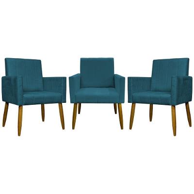 Kit 3 Poltronas Decorativas Confortáveis Mari - Azul-marinho Suede