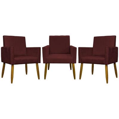 Kit 3 Poltronas Decorativas Confortáveis Mari - Bordô Suede