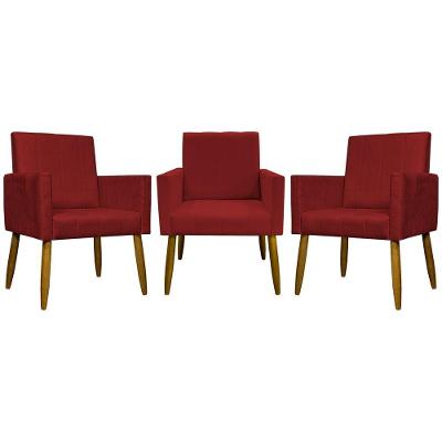 Kit 3 Poltronas Decorativas Confortáveis Mari - Vermelho Suede