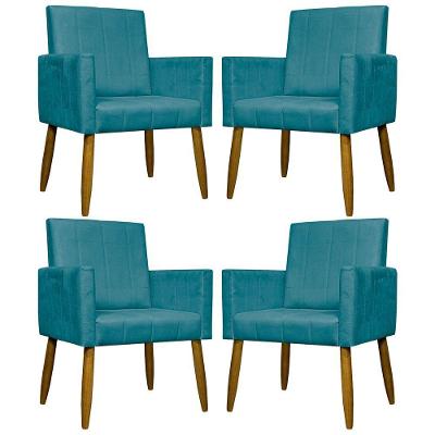 Kit 4 Poltronas Decorativas Mari Suede Pé Palito Castanho - Azul-turquesa Suede