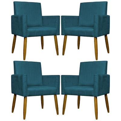 Kit 4 Poltronas Decorativas Mari Suede Pé Palito Castanho - Azul-marinho Suede