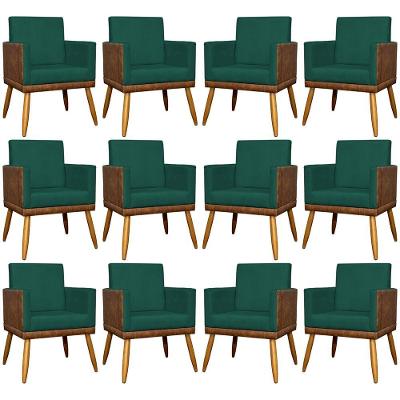 Kit 12 Poltronas Decorativas Para Escritório Lis Corino e Pé Palito - Verde Suede Corino
