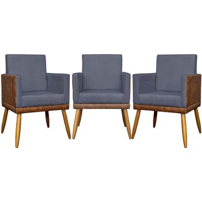 Kit 3 Poltronas Decorativas Lis Corino e Pé Palito - Cinza Suede Corino
