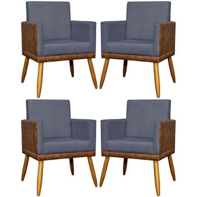 Kit 4 Poltronas Modernas Lis Corino e Pé 30cm - Cinza Suede Corino