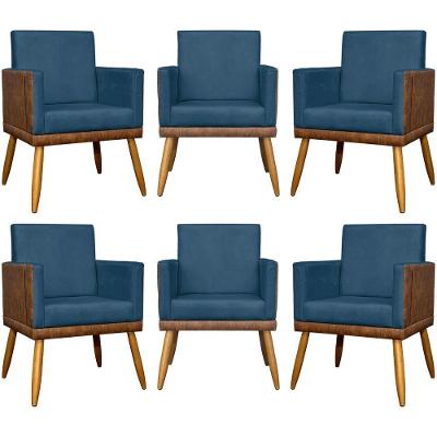 Kit 6 Poltronas Decorativas Para Escritório Lis Corino e Pé 30cm - Azul-marinho Suede Corino
