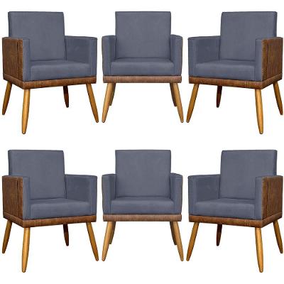 Kit 6 Poltronas Decorativas Para Escritório Lis Corino e Pé 30cm - Cinza Suede Corino