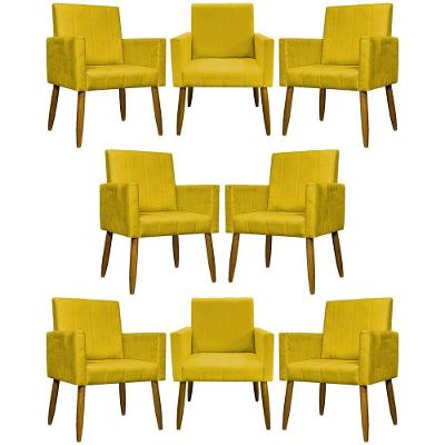 Kit 8 Poltronas Decorativas Mari Pé Palito Castanho - Amarelo Suede