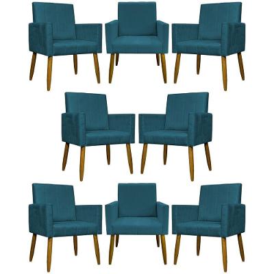 Kit 8 Poltronas Decorativas Mari Pé Palito Castanho - Azul-marinho Suede