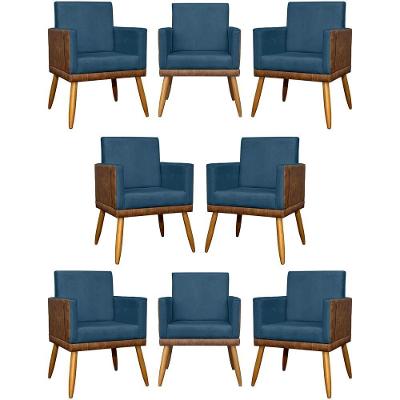 Kit 8 Poltronas Decorativas Modernas Para Recepção Lis Corino Pé 30 Cm - Azul-marinho Suede Corino
