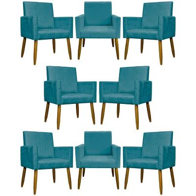Kit 8 Poltronas Decorativas Mari Pé Palito Castanho - Azul-turquesa Suede