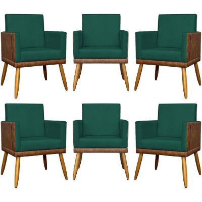 Kit 6 Poltronas Decorativas Para Escritório Lis Corino e Pé 30cm - Verde Suede Corino