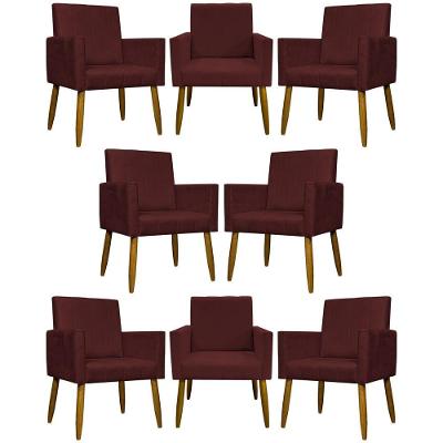 Kit 8 Poltronas Decorativas Mari Pé Palito Castanho - Bordô Suede