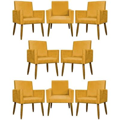 Kit 8 Poltronas Decorativas Mari Pé Palito Castanho - Mostarda Suede