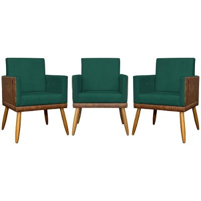 Kit 3 Poltronas Decorativas Lis Corino e Pé Palito - Verde Suede Corino