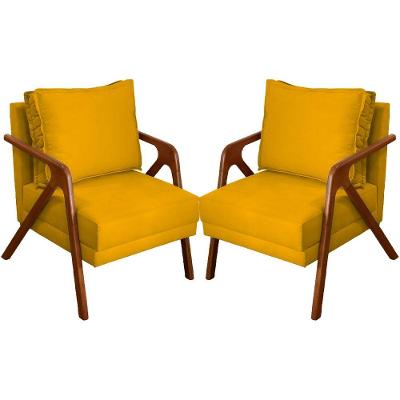Kit 2 Poltronas Decorativa Shine Pé Castanho - Mostarda Suede