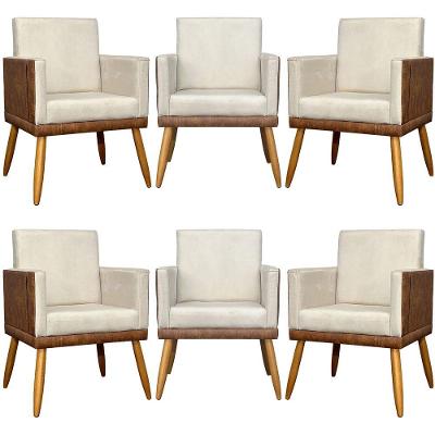 Kit 6 Poltronas Decorativas Para Escritório Lis Corino e Pé 30cm - Bege Suede Corino
