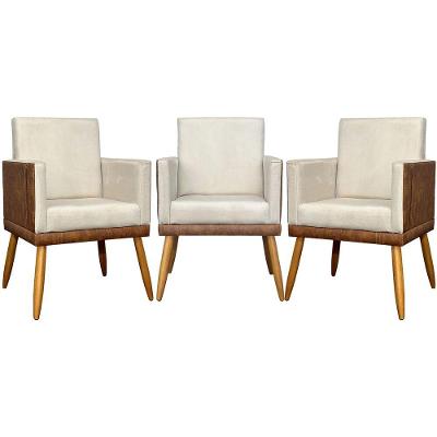 Kit 3 Poltronas Decorativas Lis Corino e Pé Palito - Bege Suede Corino