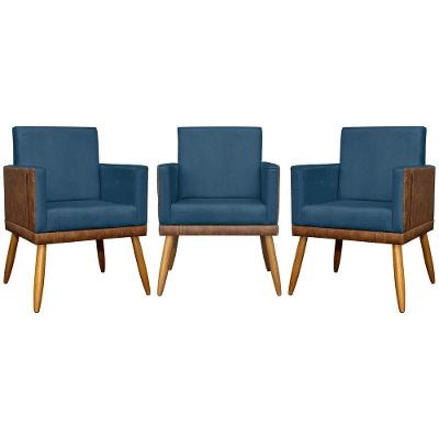 Kit 3 Poltronas Decorativas Lis Corino e Pé Palito - Azul-marinho Suede Corino