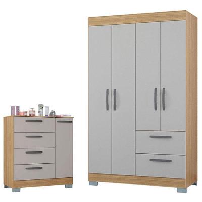 Cômoda 868 4 Gavetas E 1 Porta Com Guarda Roupa Solteiro Tóquio 4 Portas Damasco Off White - Poquema
