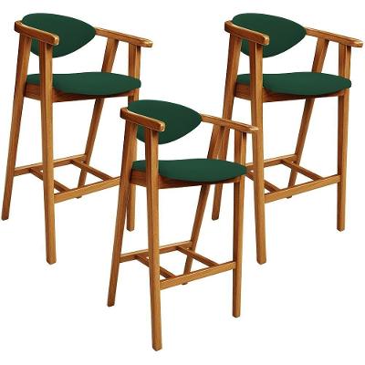 Kit 03 Banquetas Alta Cozinha Bancada Bar Sala De Jantar Fixa Cecília L02 Suede Verde Musgo