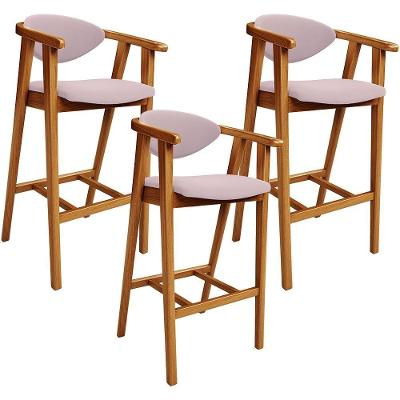 Kit 03 Banquetas Alta Para Cozinha Bancada Bar Sala De Jantar Fixa Cecília L02 Suede Rosê