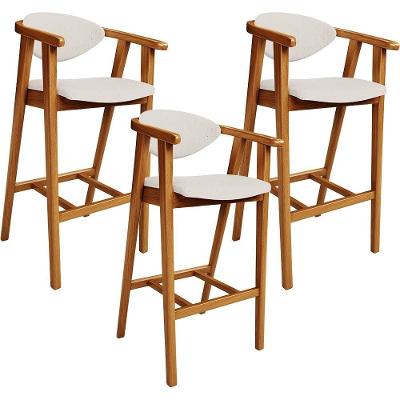 Kit 03 Banquetas Alta Para Cozinha Bancada Bar Sala De Jantar Fixa Cecília L02 Linho Cru