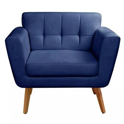 Poltrona Decorativa Bruna Sala Ou Recepção C- Pés Madeira Veludo Azul Marinho