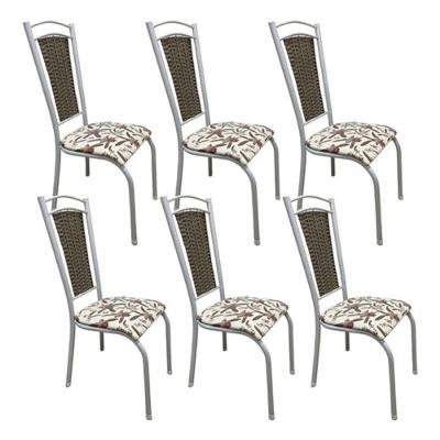 Kit 6 Cadeiras Cozinha Aço Tubolar Confortável Jantar Bege e Branco Tecido Floral