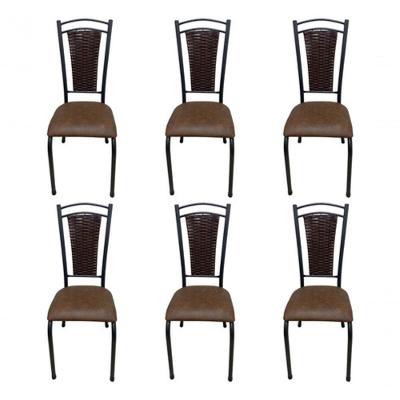 Kit 6 Cadeira De Cozinha Tubular Aço Estofada Encosto Junco Marrom Escuro