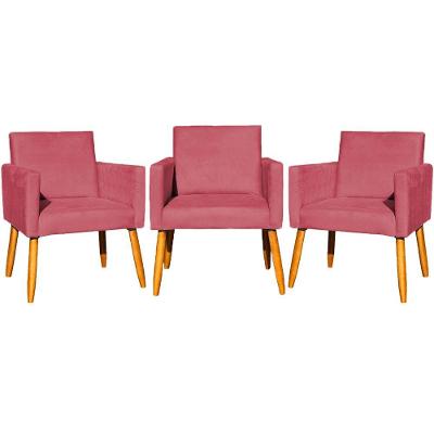 Kit 3 Poltronas Para Recepção Nina Suede Cores Pé Palito 30cm Castanho - Suede