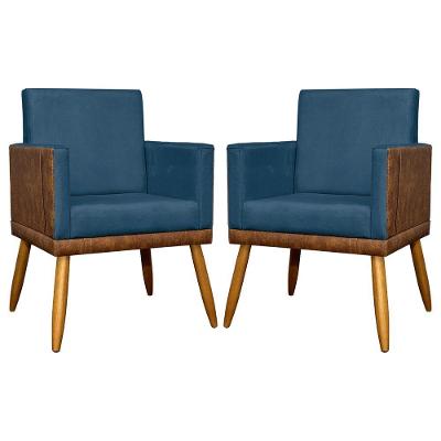 Kit 2 Poltronas Decorativas Lis Corino E Suede Cores Pé Palito 30cm - Azul-marinho, Suede/corino