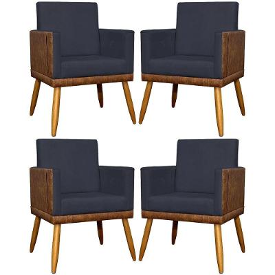 Kit 4 Poltronas Para Sala Modernas Lis Corino E Suede Cores Pé 30cm - Preto, Suede/corino