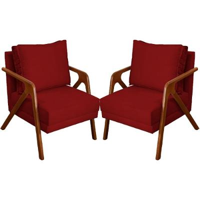 Kit 2 Poltronas Decorativa Para Sala Shine Suede Cores Pé Castanho - Bordô, Suede