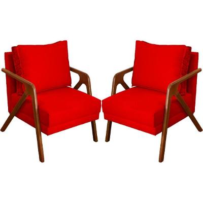 Kit 2 Poltronas Decorativa Para Sala Shine Suede Cores Pé Castanho - Vermelho, Suede