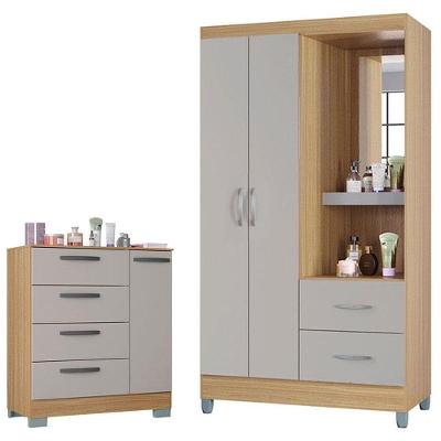 Cômoda 868 4 Gavetas E 1 Porta Com Guarda Roupa Solteiro Córdoba 2 Portas Damasco Off White - Poquema