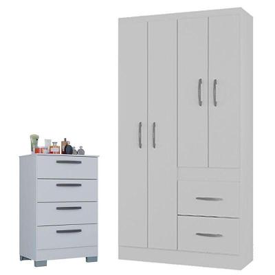 Cômoda 867 4 Gavetas Com Guarda Roupa Solteiro Milão 4 Portas Branco Brilho - Poquema