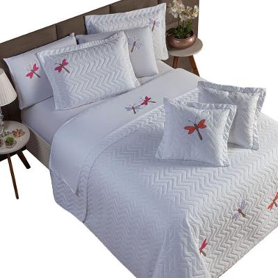 Cobre Leito Casal Padrão 3 Peças Bordado Libélula 100% Poliéster - Branco.