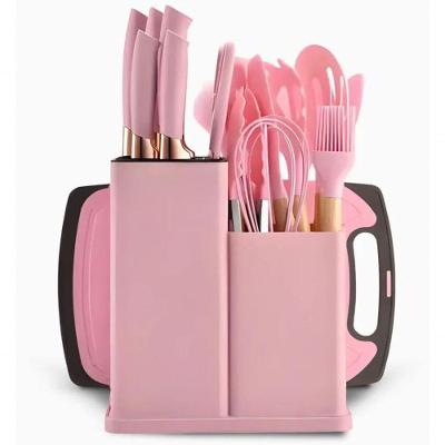 Utensilios Para Cozinha Silicone Kit Com 19 Peças Cabo Madeira Conjunto Completo Rosa