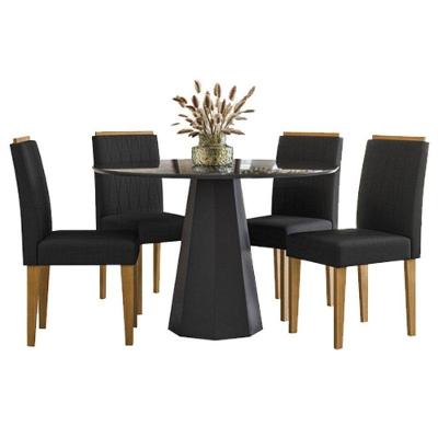 Mesa De Jantar Ambiente Isis 120x120 Cm Com Vidro Preto E 4 Cadeiras Ana Ype Veludo Preto - New Ceval
