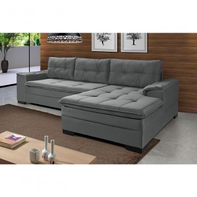 Sofá Viena Chaise Suede Fixo Pés Madeira Living Confortável Império Cinza 380