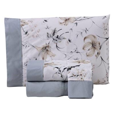 Jogo Cama Lençol Encanto Casal Padrão Percal 180 Fios C/ Ponto Palito 4 Peças - Floral - Cinza