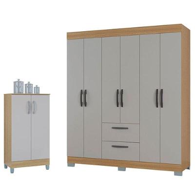 Guarda Roupa Casal Tóquio 6 Portas Com Armário Multiuso 2 Portas Pequeno Damasco Off White - Poquema