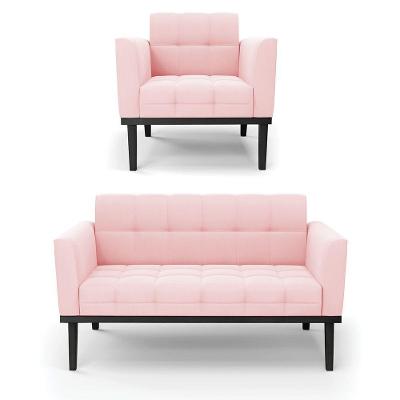 Conjunto Poltrona E Namoradeira Decorativa Pés Fixo Em Madeira Preto Suede Rosa Bebê
