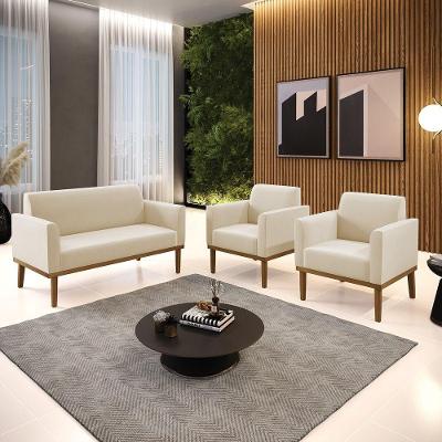 Conjunto 2 Poltronas E 1 Namoradeira Decorativa Pés Fixo Em Madeira Castanho Suede Bege